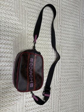 Authentic Coach Brown Logo Crossbody with Pink and Red Trim